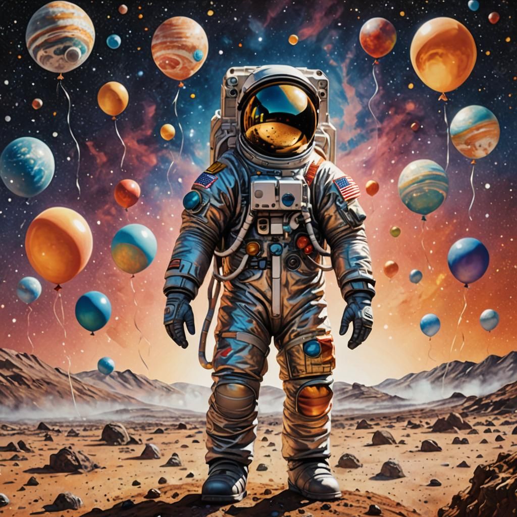 Astronaut with Planetary Balloons in Pointillism Style