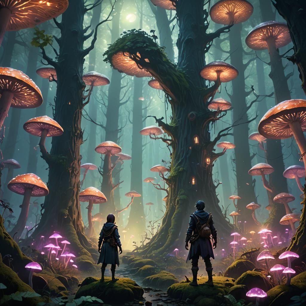 Mystical Forest Scene with Glowing Mushrooms