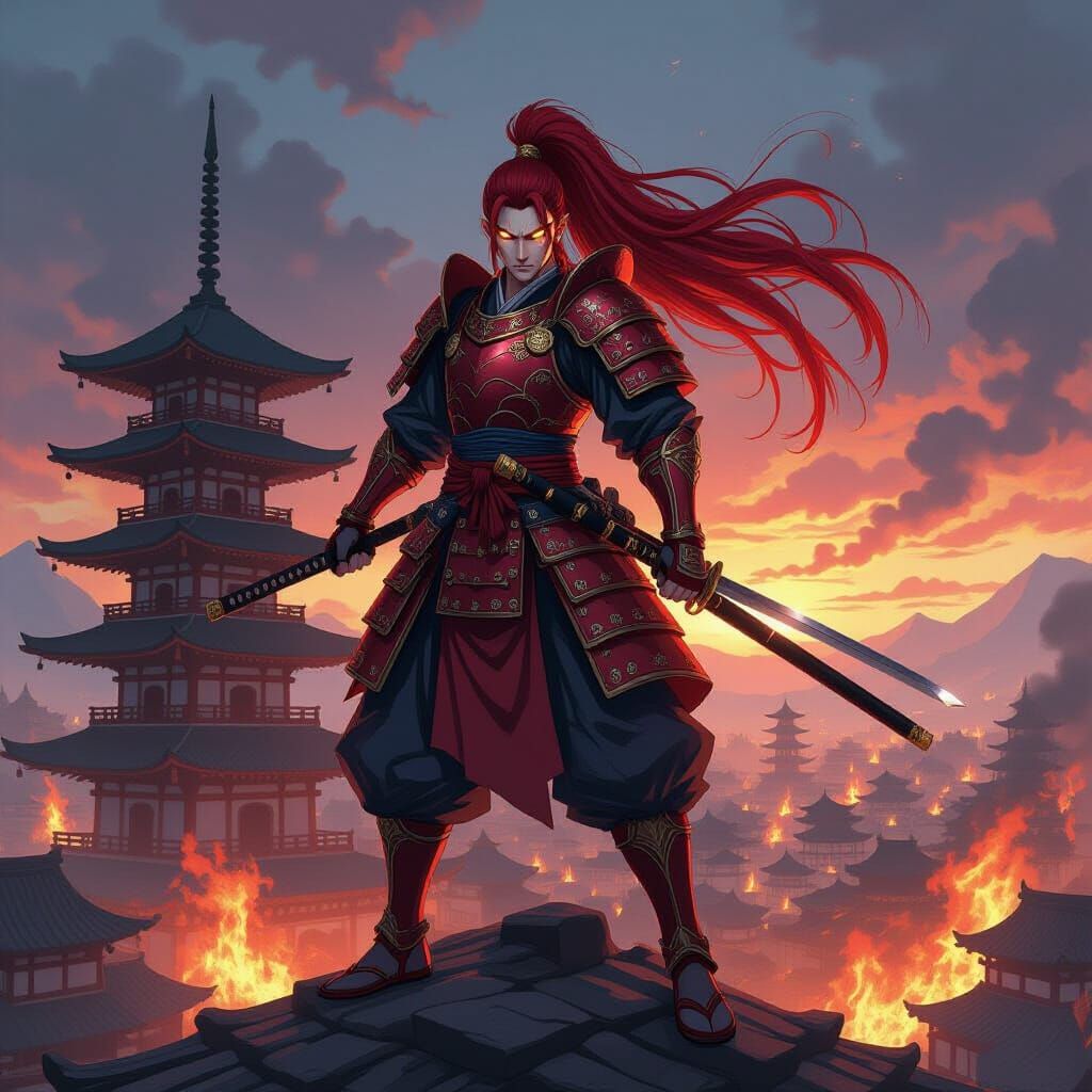 Anime Samurai Warrior on Burning Battlefield