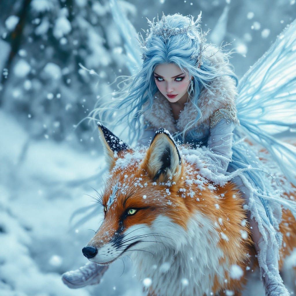 Regal Fairy Rides Majestic Red Fox in Hyper-Realistic Winter...