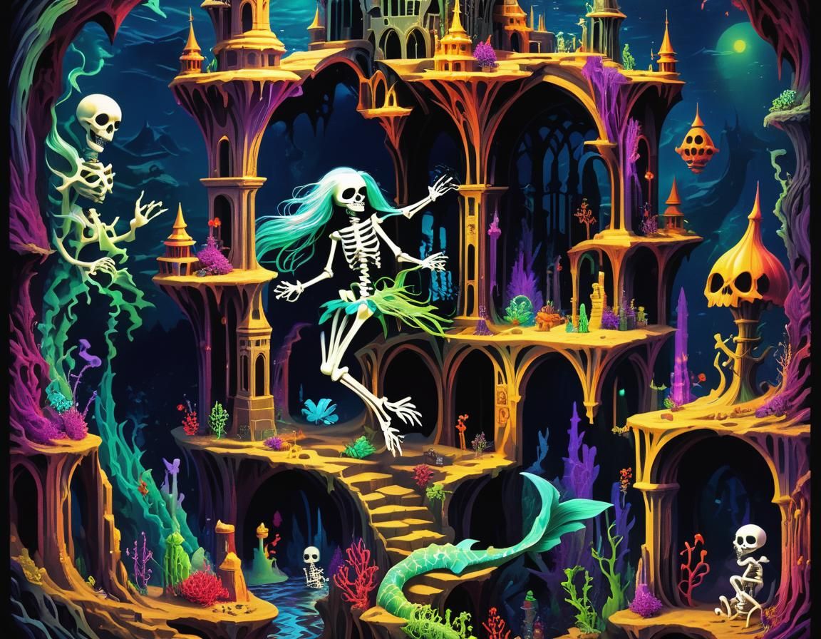 Darkpunk Mermaidcore Sandcastle Arcology with Dancing Skelet...