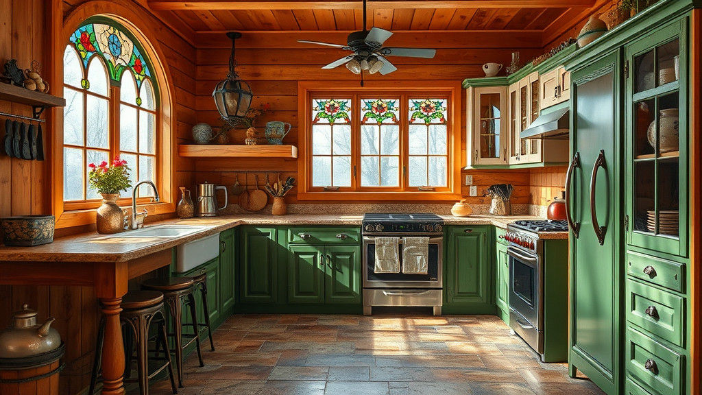 Cozy Rustic Kitchen with Stained Glass Windows