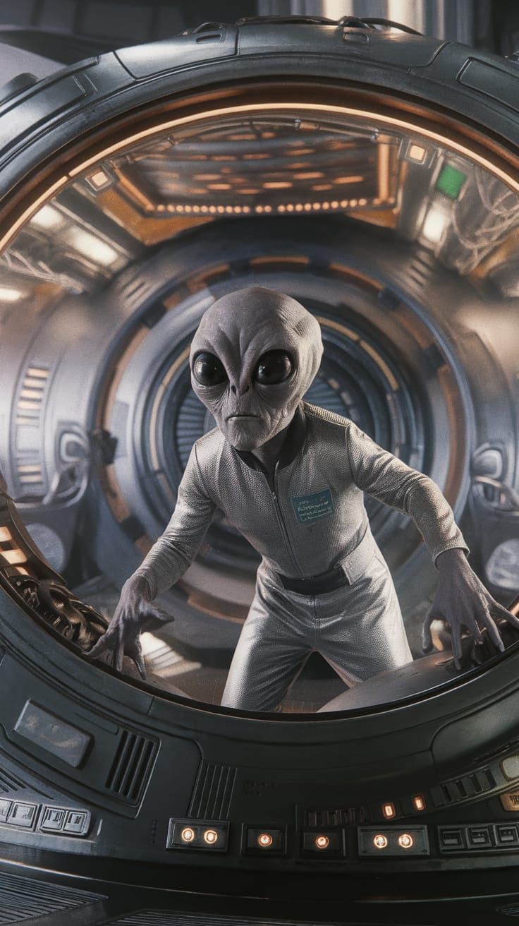 Grey Alien Hiding in Futuristic UFO, Cinematic Shot