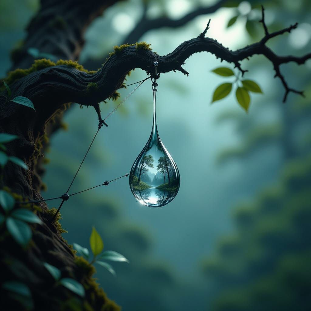 Raindrop Reflecting Misty Forest as Matte Painting