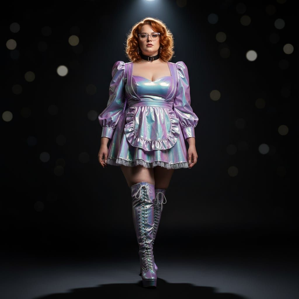 Plus-Size Ginger Woman in Iridescent PVC French Maid Outfit
