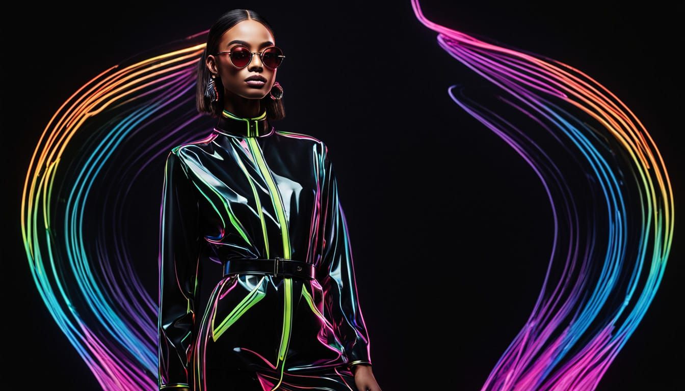 Confident Fashionista in Neon Outline on Black Background