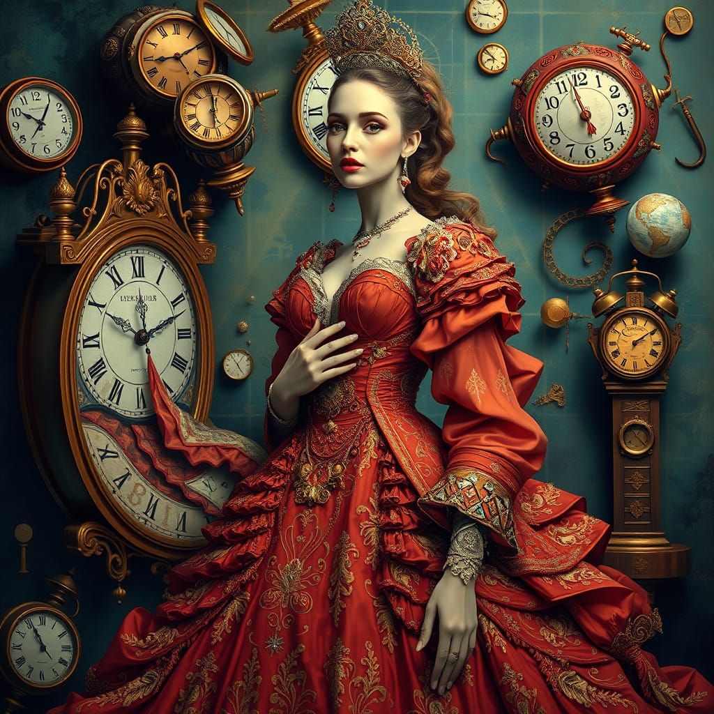 Surreal Woman with Melting Clocks, Dreamlike Art