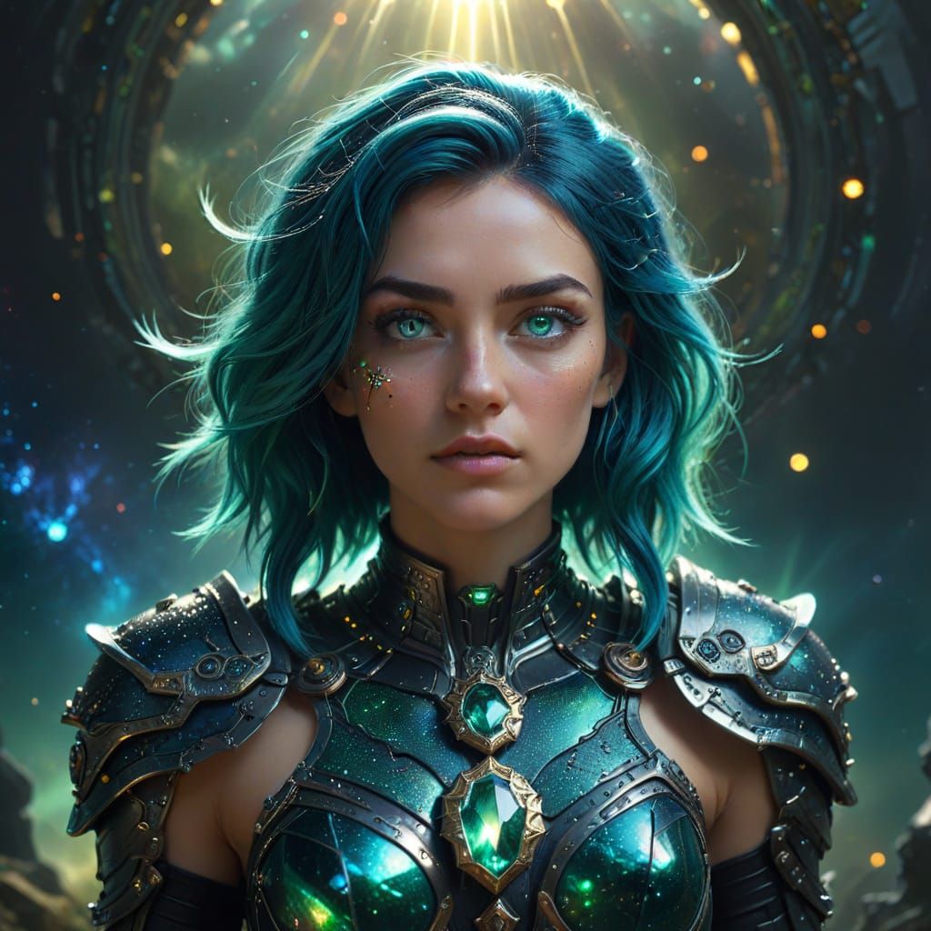 Woman in Battle Armor with Cosmic Necklace