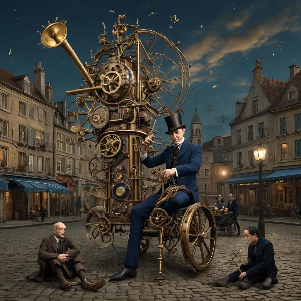 Steampunk Musician in Surreal Village Square