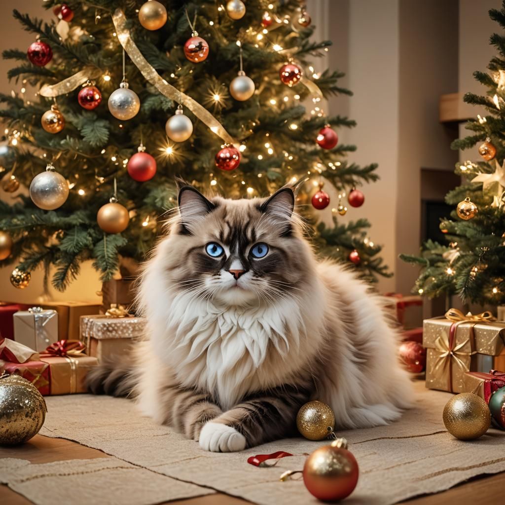 Cozy Christmas Scene with Ragdoll Cat