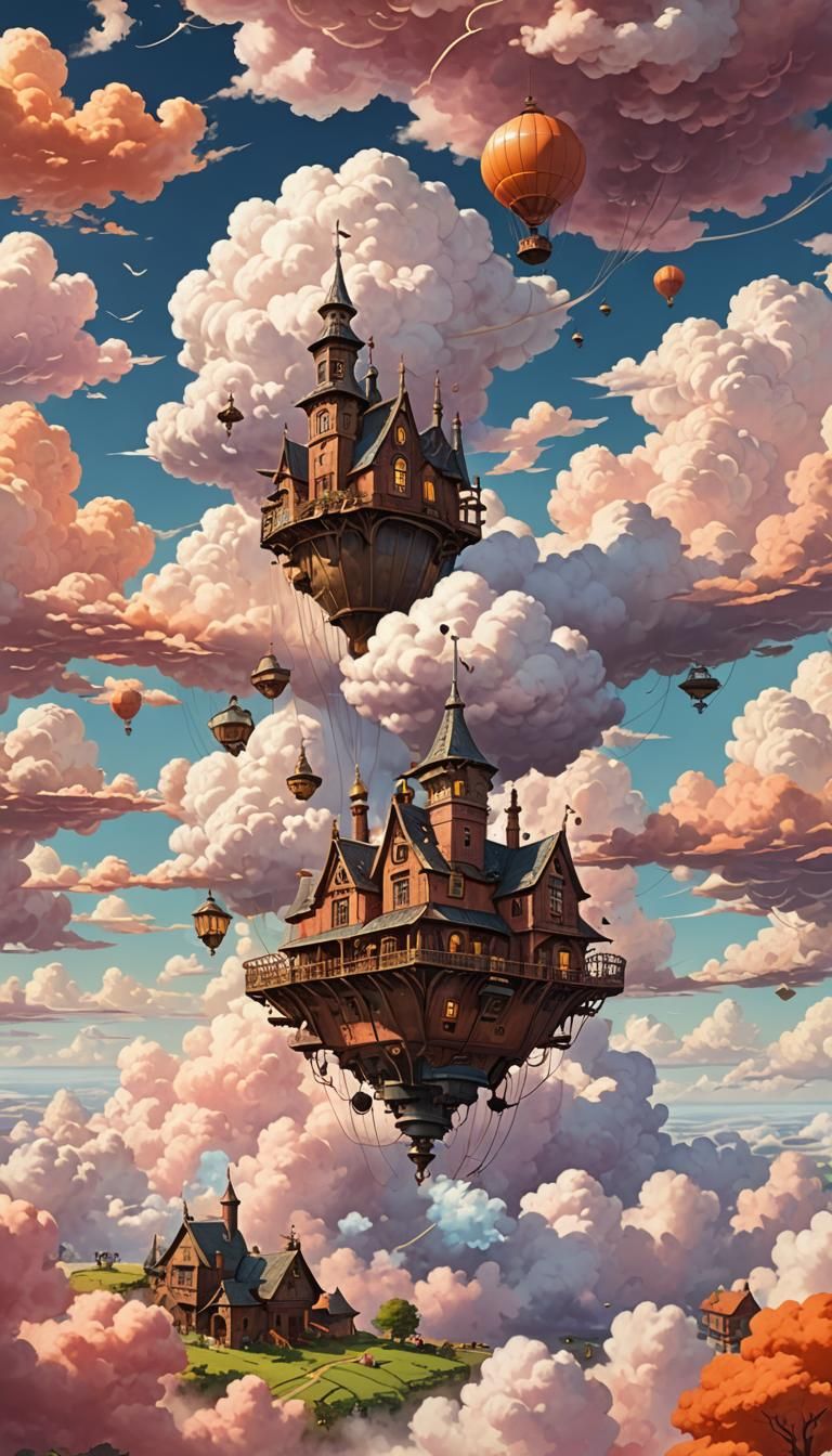 Steampunk Farm Harvesting Clouds in Anime Style