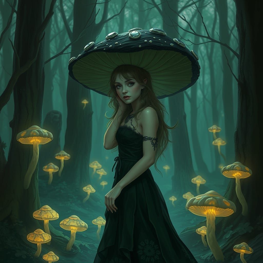 Whimsical Mushroom Goddess in Enchanted Forest