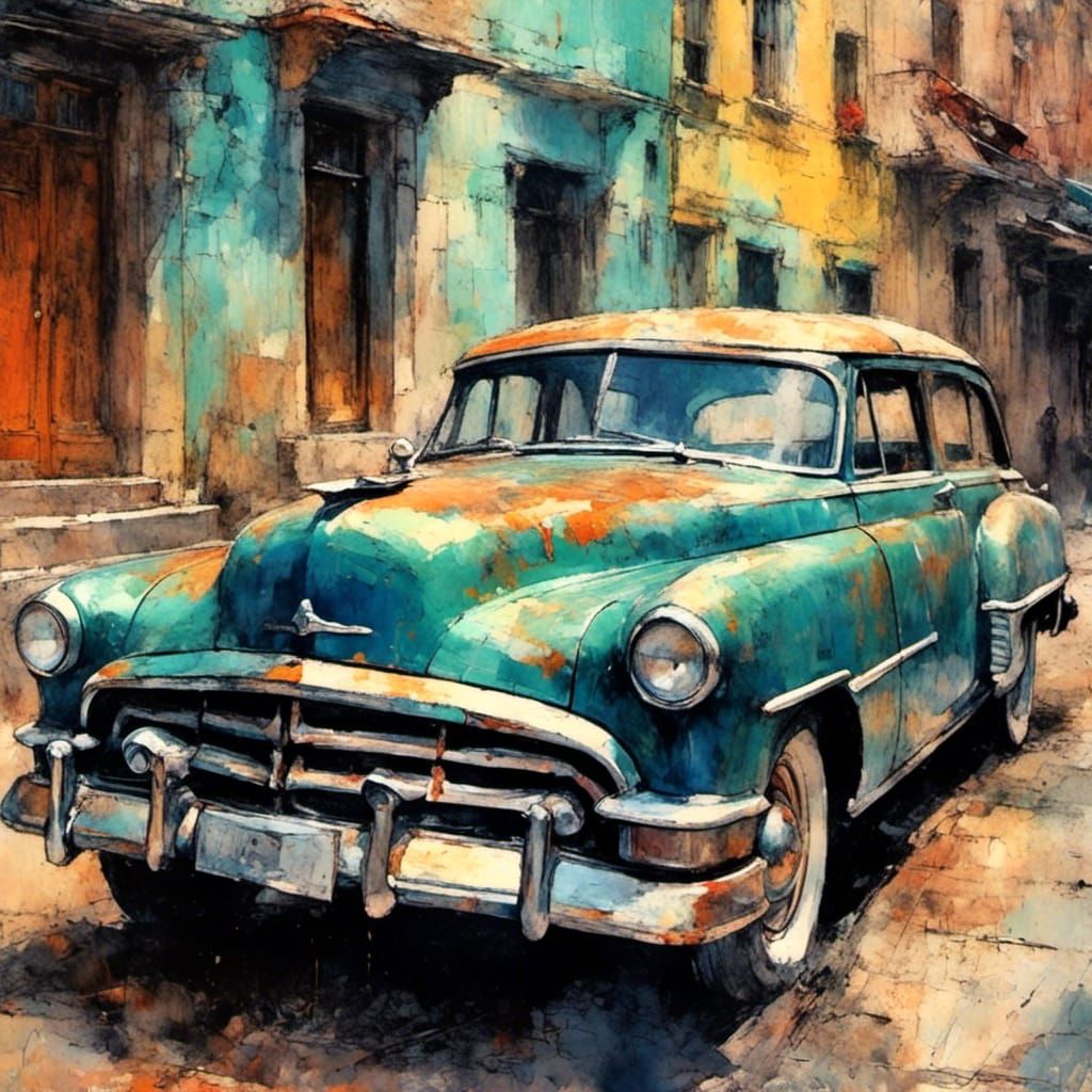 Retro-Futuristic 50s Car in Gouache and Watercolor