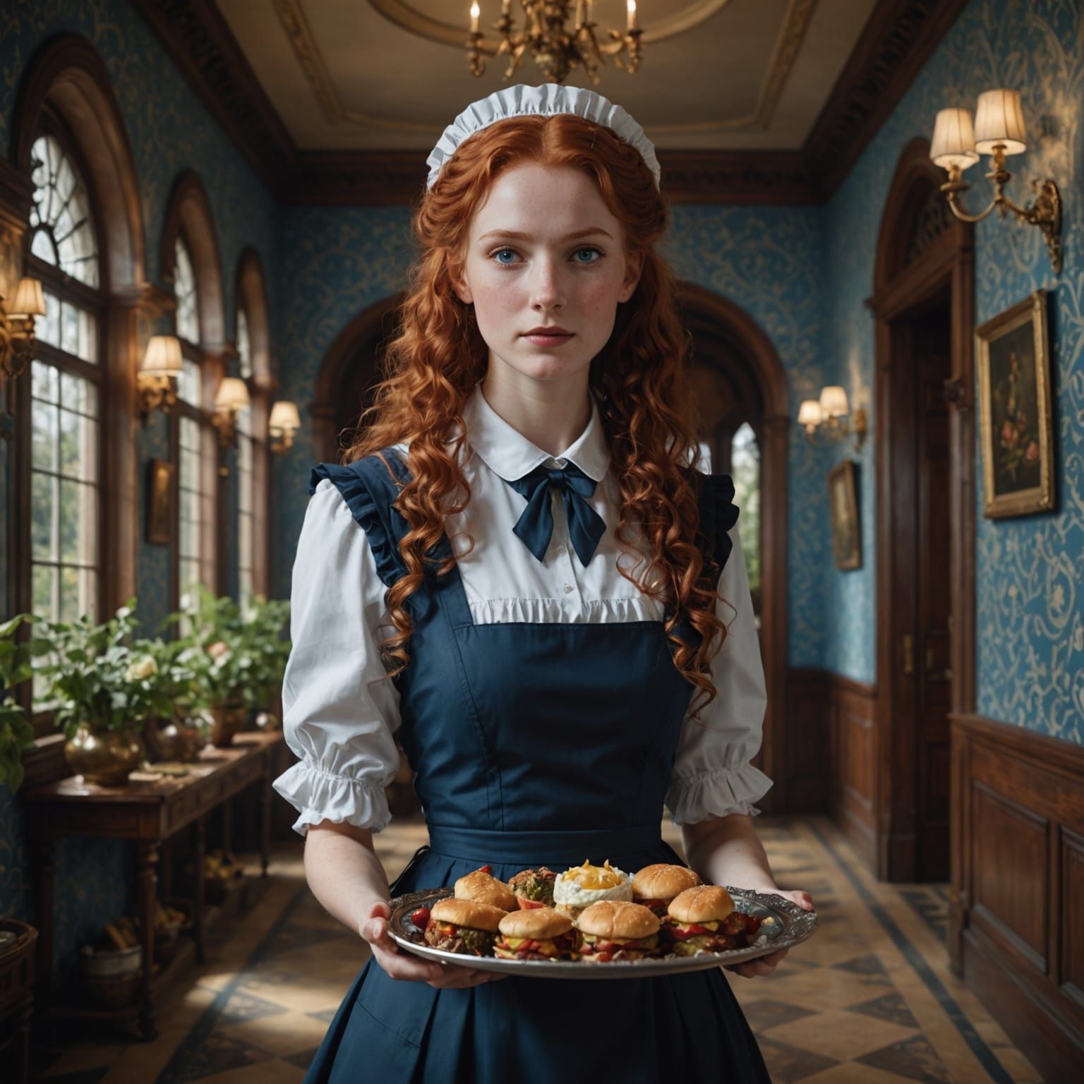 Red Haired Maid in Mansion Hallway