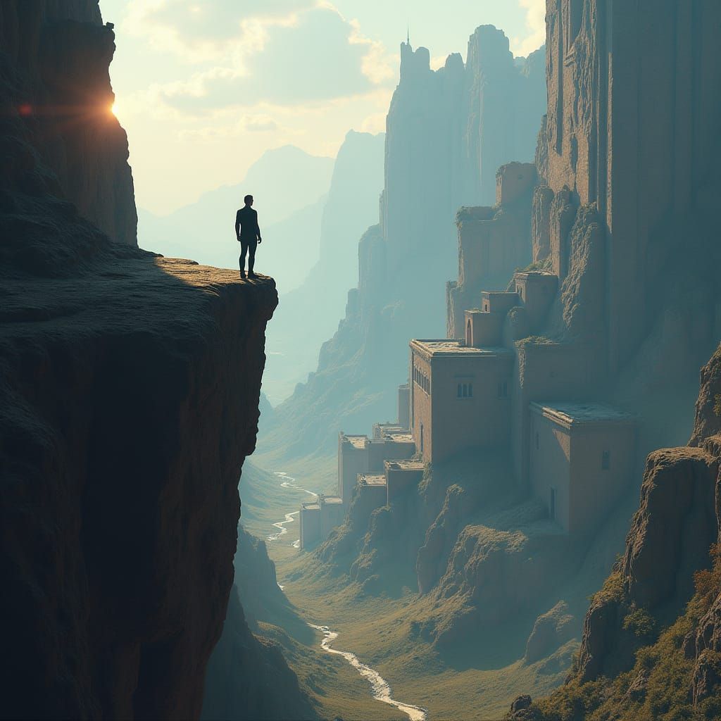 Futuristic Man Overlooks Ancient Cityscape