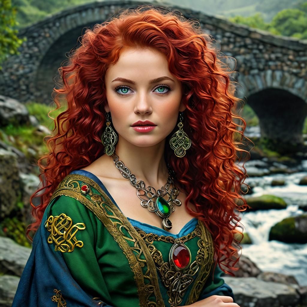 close up of a beautiful traditional Celtic woman wearing ela...