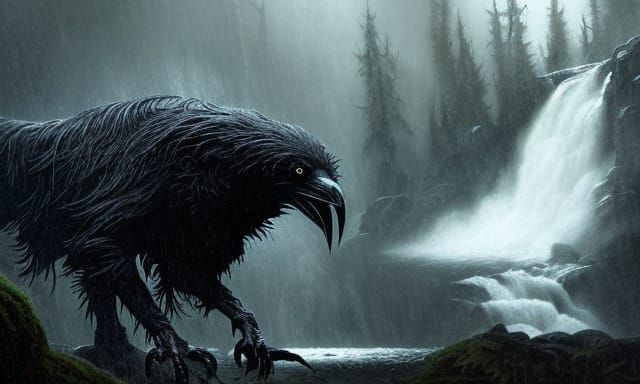 Wounded Crow-Skull Beast Lurking at Waterfall