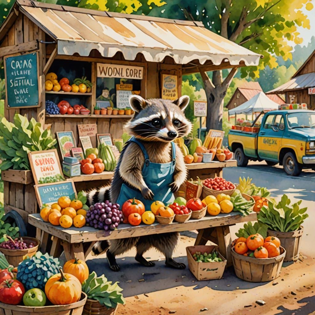 Whimsical Raccoon's Roadside Produce Stand