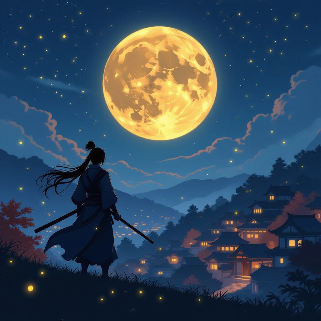 Ninja Silhouette Under Harvest Moon in Anime Style