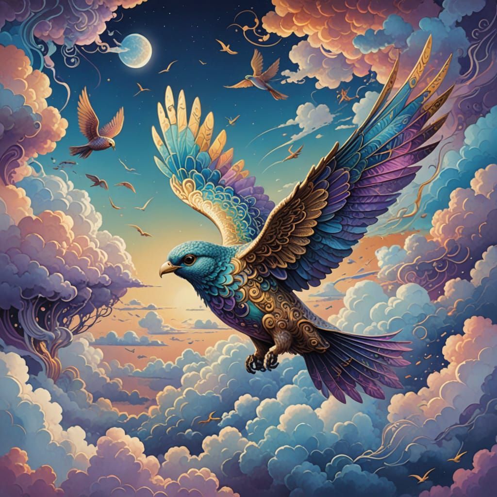 Surreal Birds in Flight Over Vibrant Sky in Art Nouveau Styl...