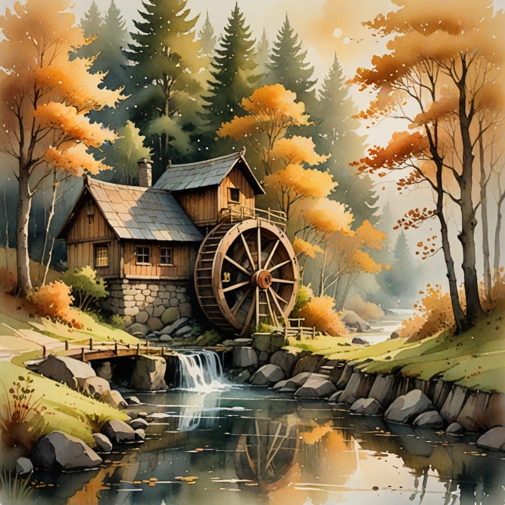 Golden Forest Waterwheel in Watercolor Concept Art