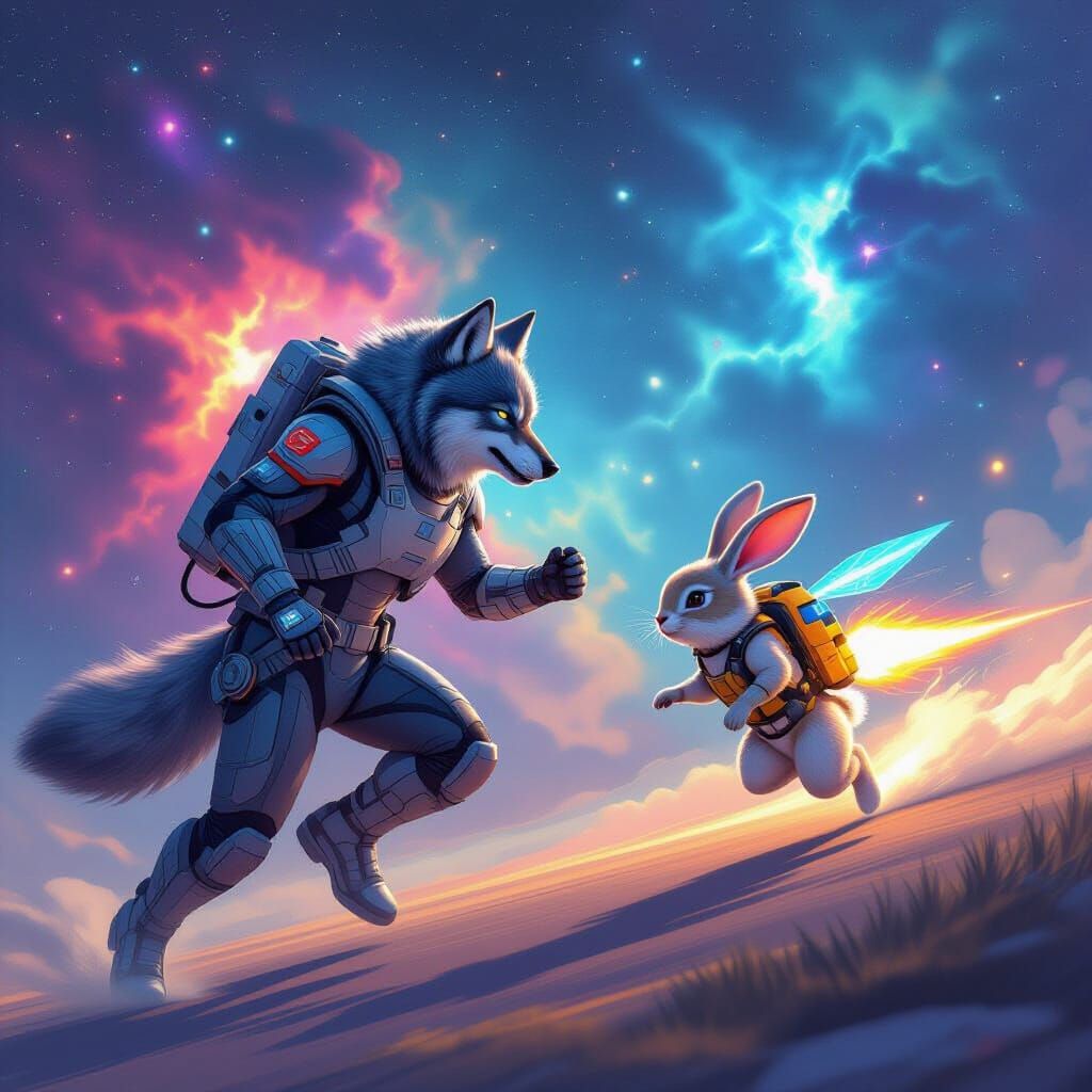 Cosmic Wolf Chasing Rabbit Through Nebula, Dreamy Sci-Fi Art