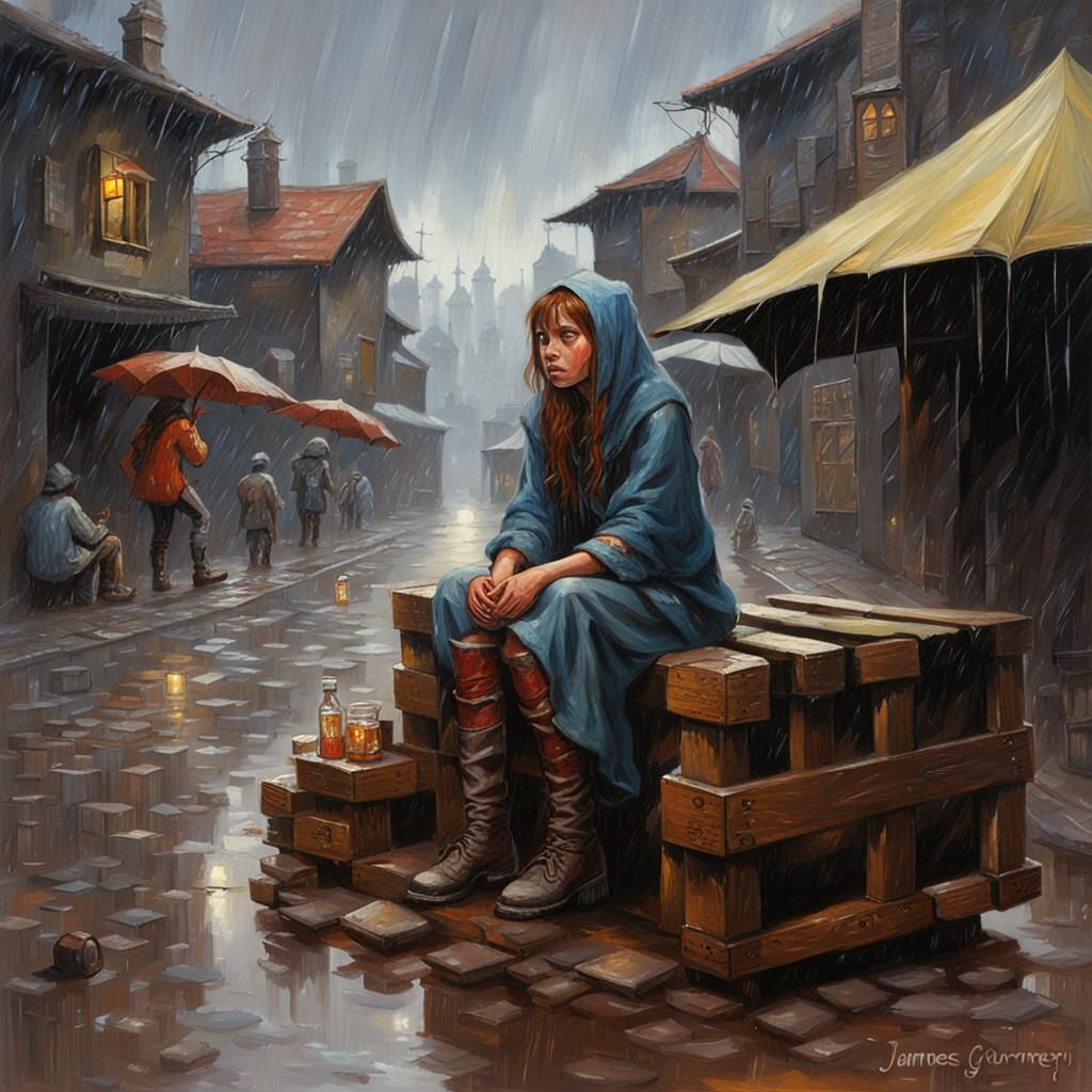 Fantasy City: Girl Begging in the Rain, Oil Painting