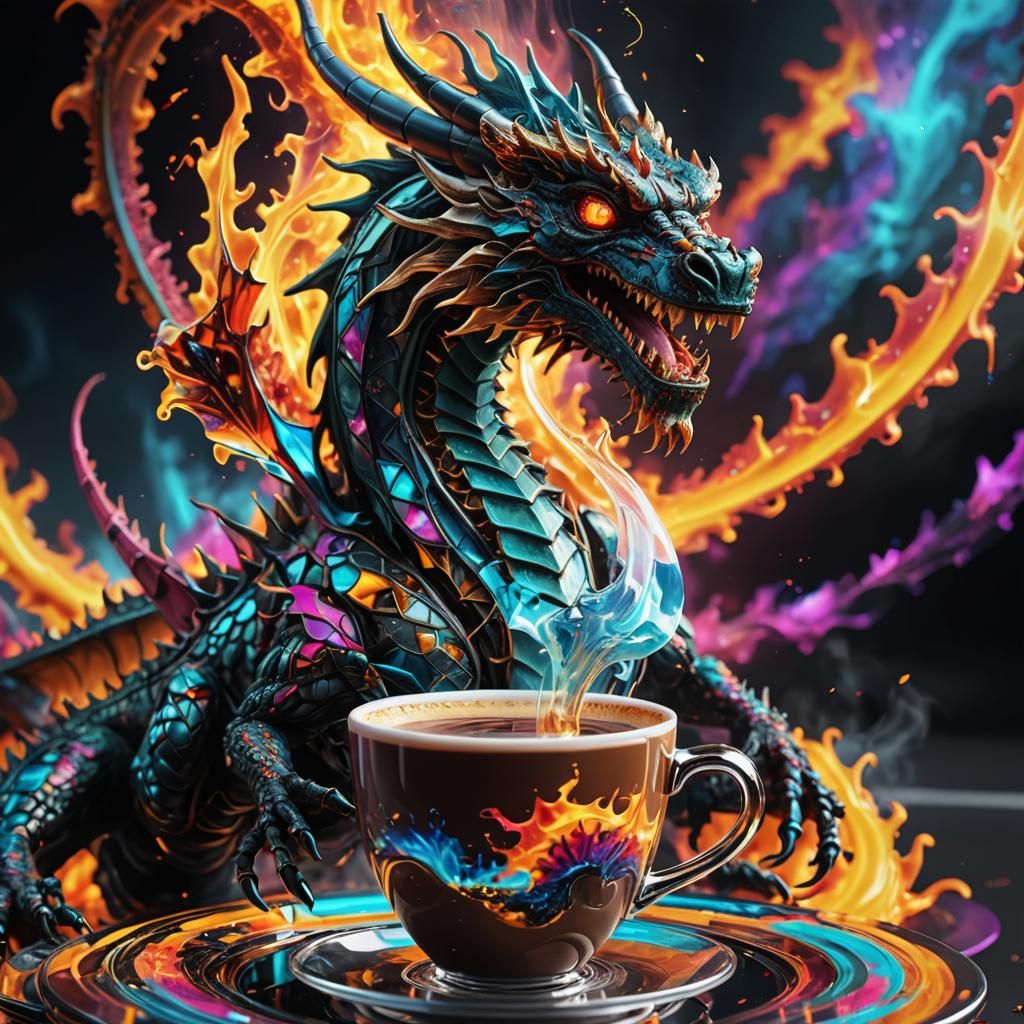 Fiery Fractal Dragon Coffee Bean Glitch Art