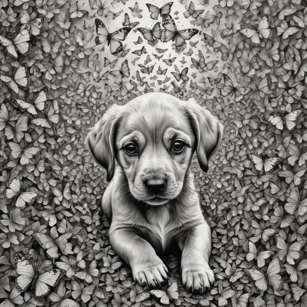 Puppy Melts into Butterflies: Detailed Pencil Drawing