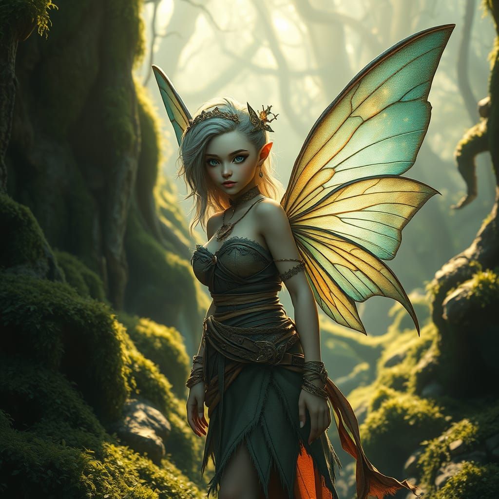 Enchanting and ethereal pixie with intricate details, her skin glowing softly under the dappled forest light. Styled in ...