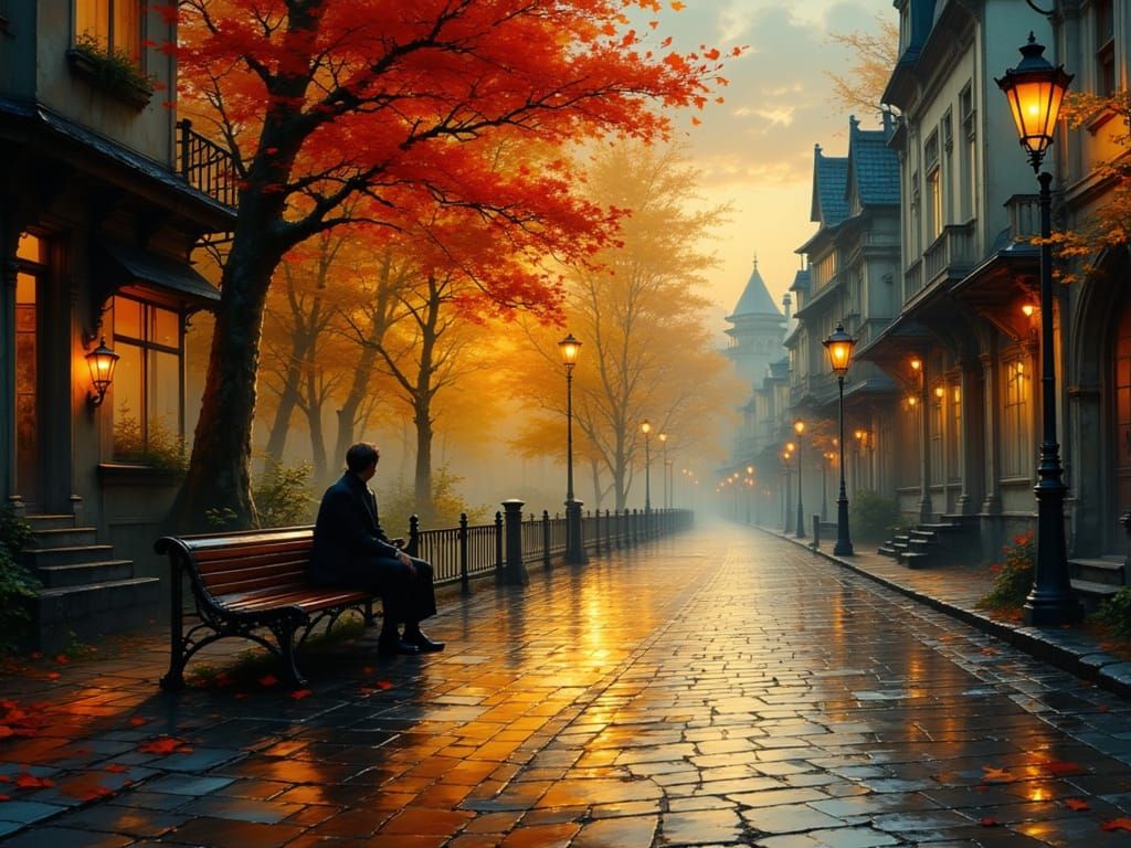Serene Autumn Dawn on Cobblestone Street