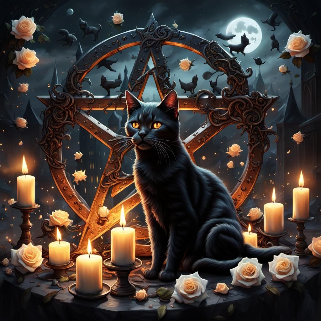 Black Cats and Pentagram in Dark Fantasy Style