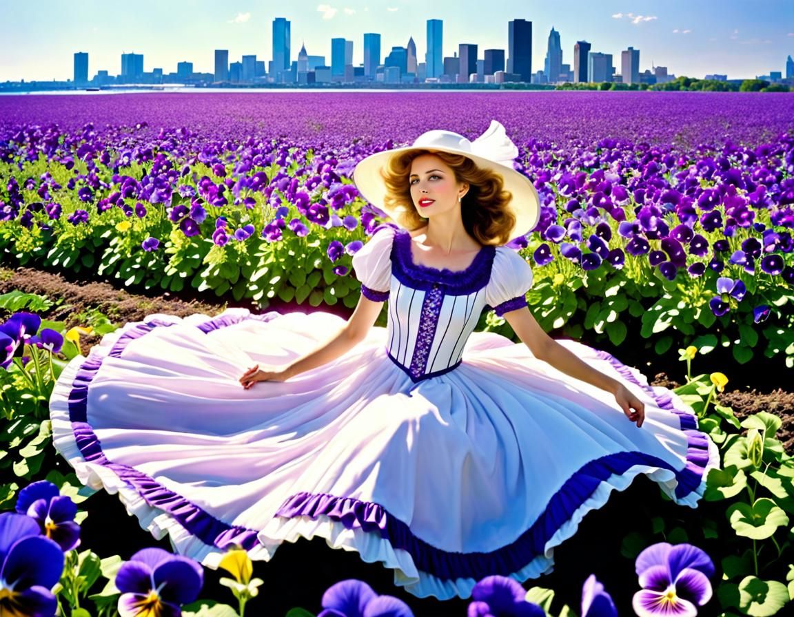 Edwardian Woman Floating Over Pansies, Natural Lighting