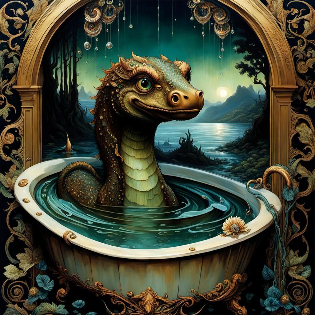 Adorable Loch Ness Monster Bathtime, Art Nouveau Style