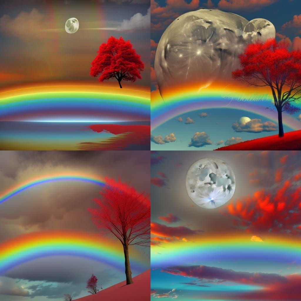 Surreal Red Trees in Rainbow Cloudscape