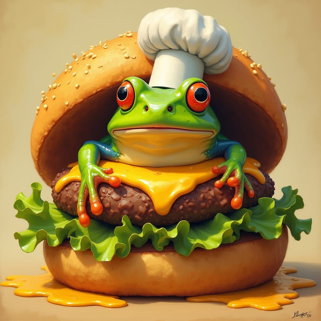 Frog Chef in Burger, Whimsical Illustration