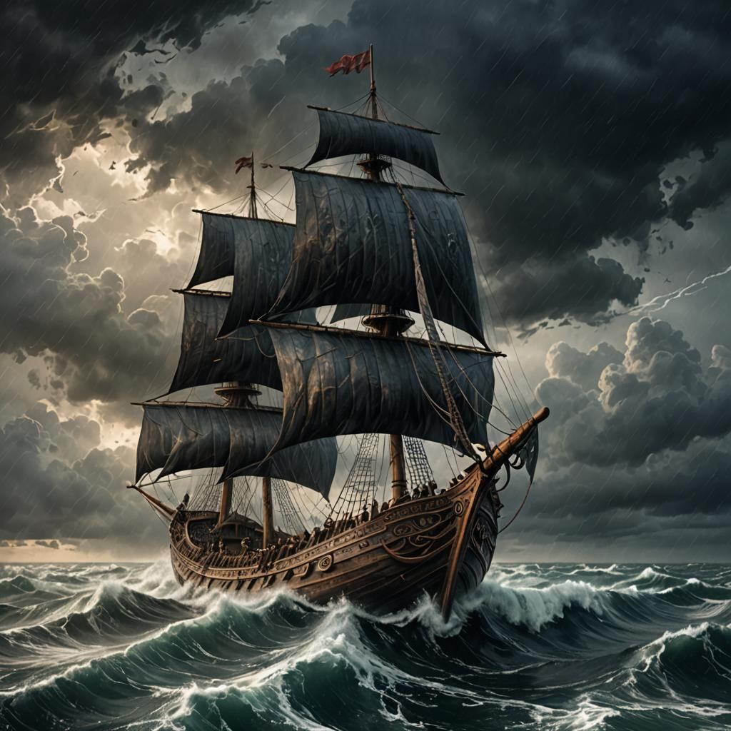 Viking Longship Sails Stormy Sea in Art Nouveau Style
