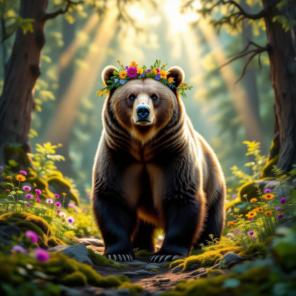 Grizzly Bear with Crown in Mystical Forest