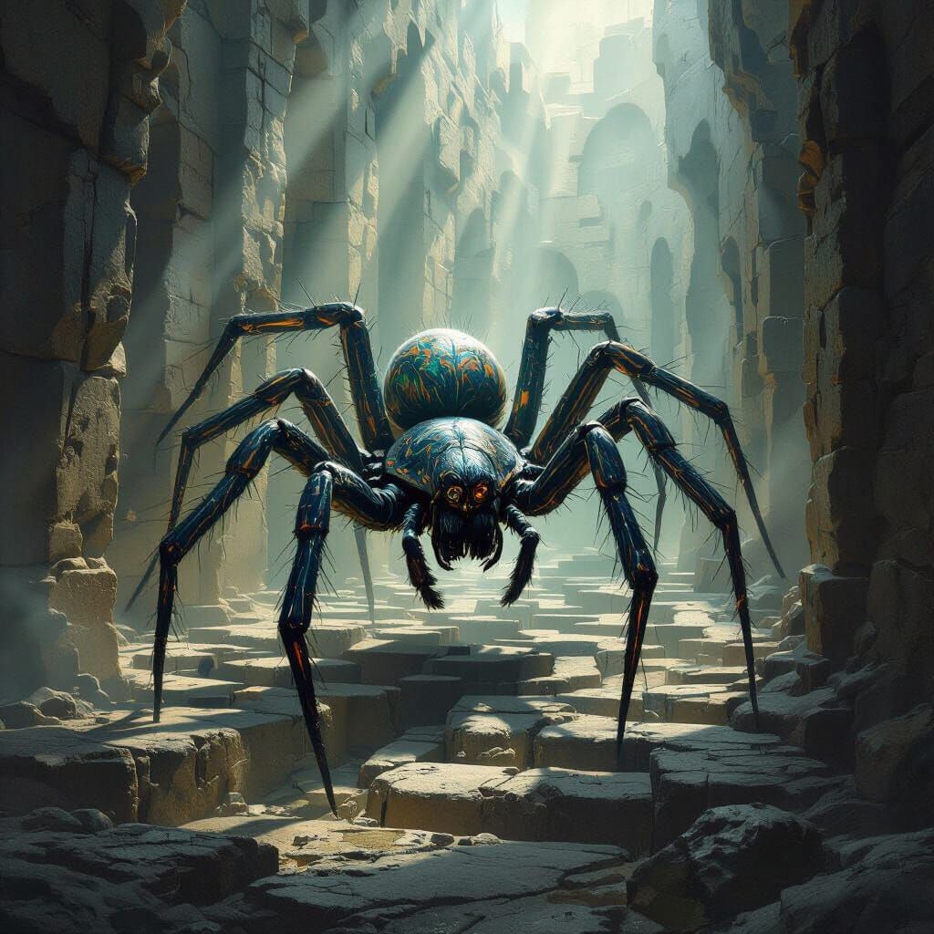 Colossal Spider Navigates Ancient Stone Maze