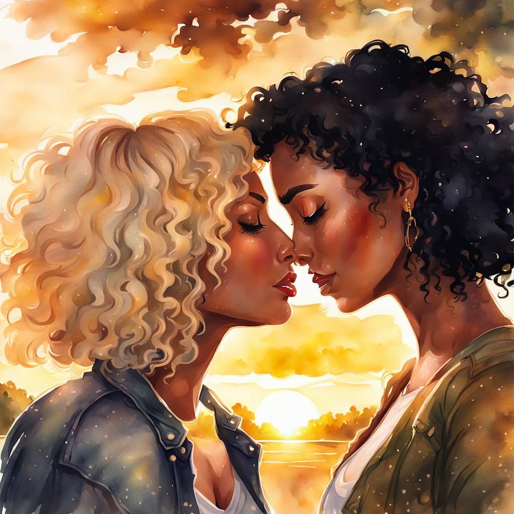 Romantic Sunset Kiss in Watercolor Style