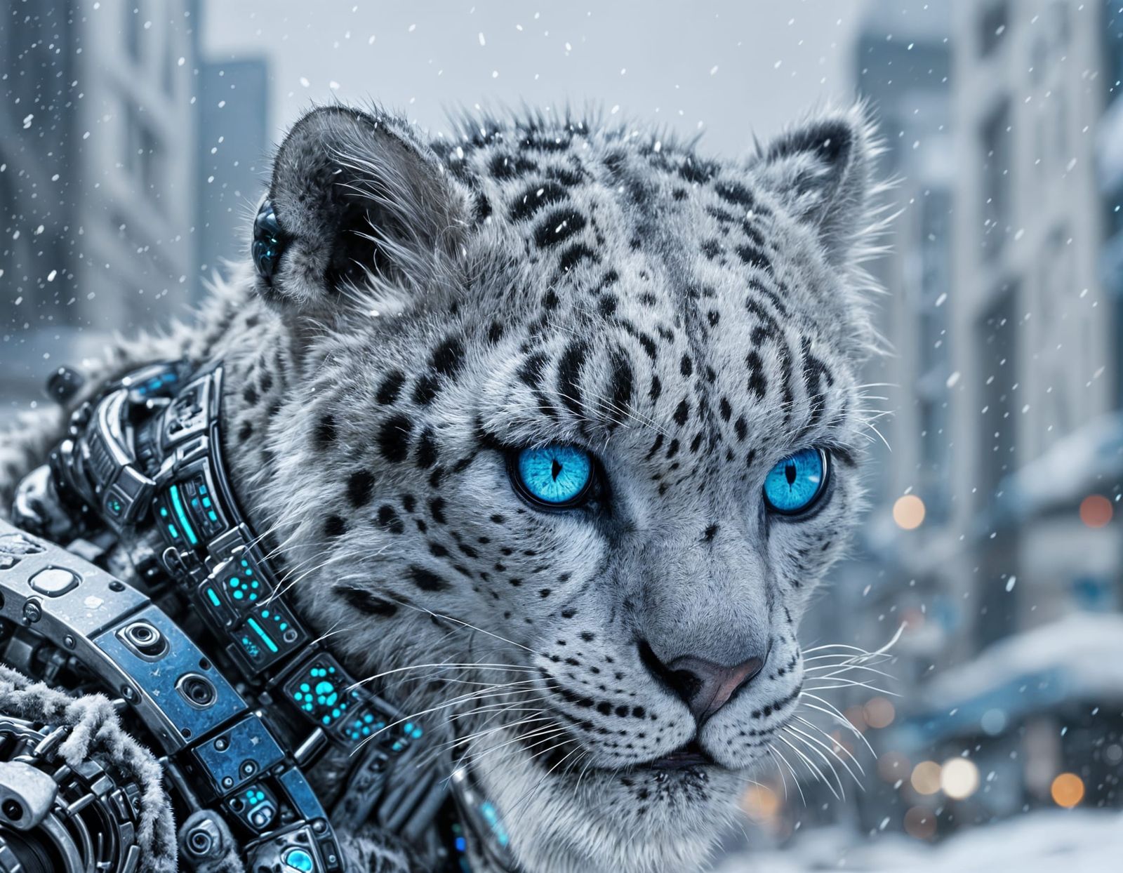 Newborn Snow Leopard Cyborg in Photorealistic Style