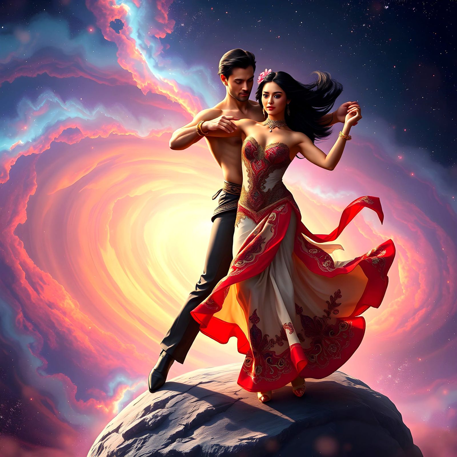 Salsa Dancers Atop a Nebula in Space