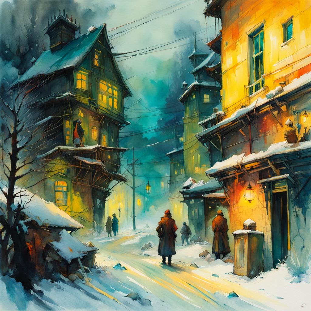 Dark Fantasy Winter Village in Watercolour