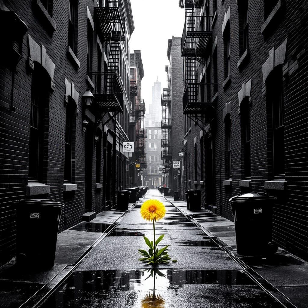 Urban Alley Dandelion in High Contrast Monochrome