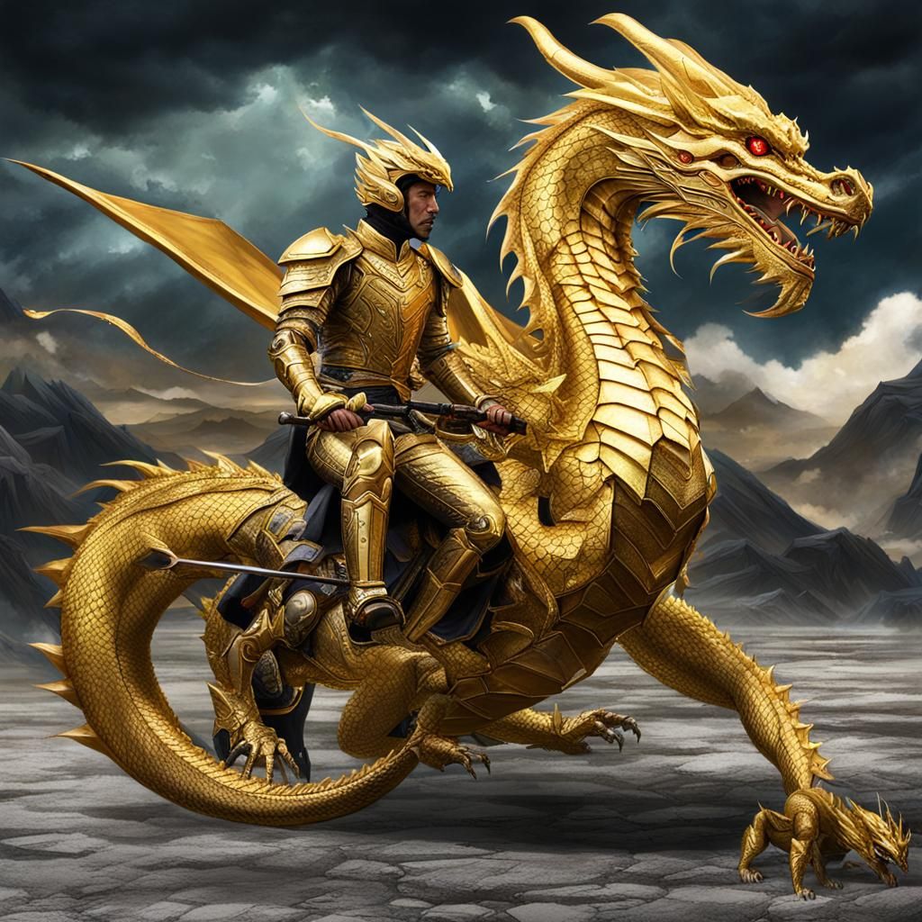 Golden Dragon and Rider in Flight