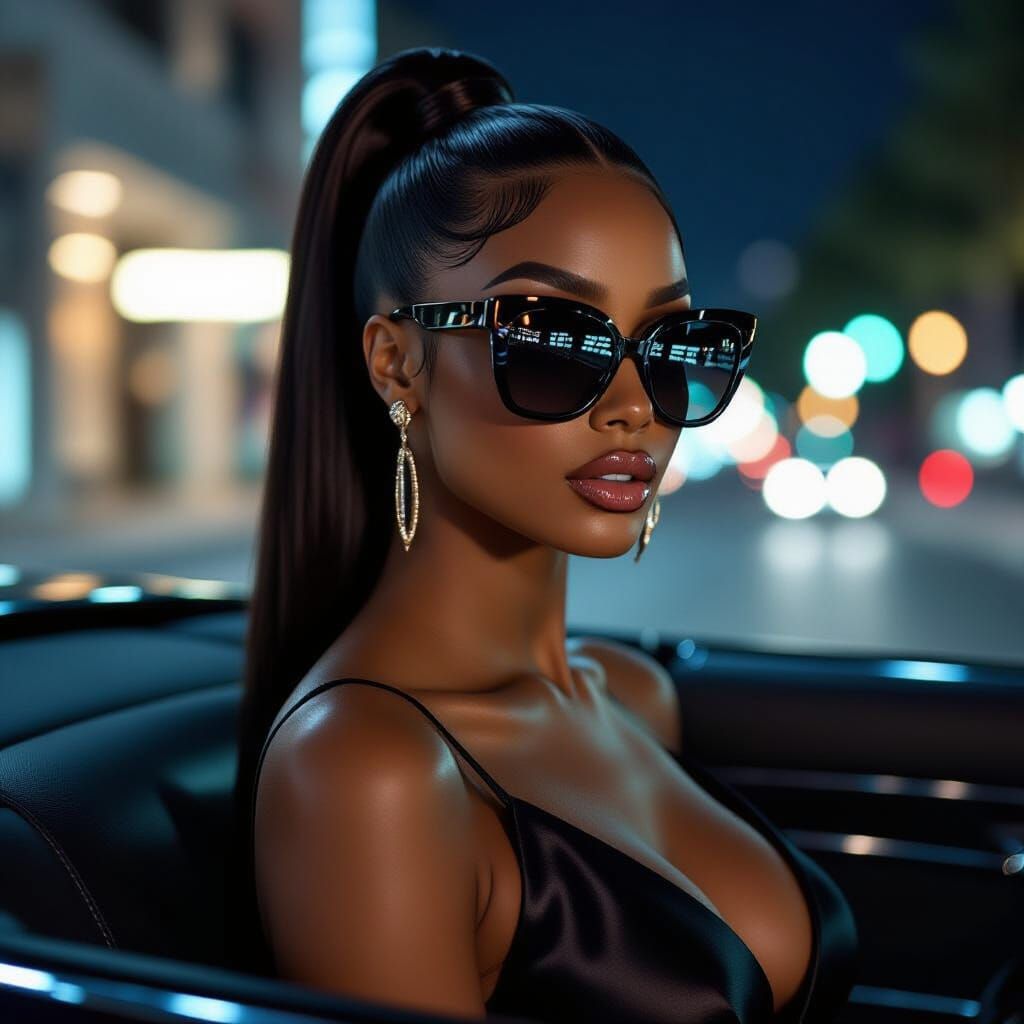 Beautiful Black Woman With Glossy Ponytail and Luxury Car