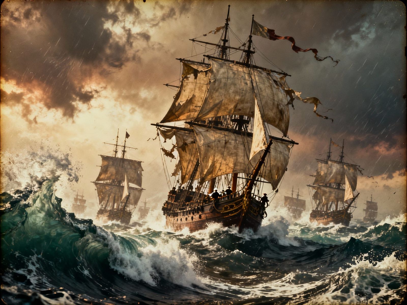 17th Century British Naval Fleet in Stormy Seas