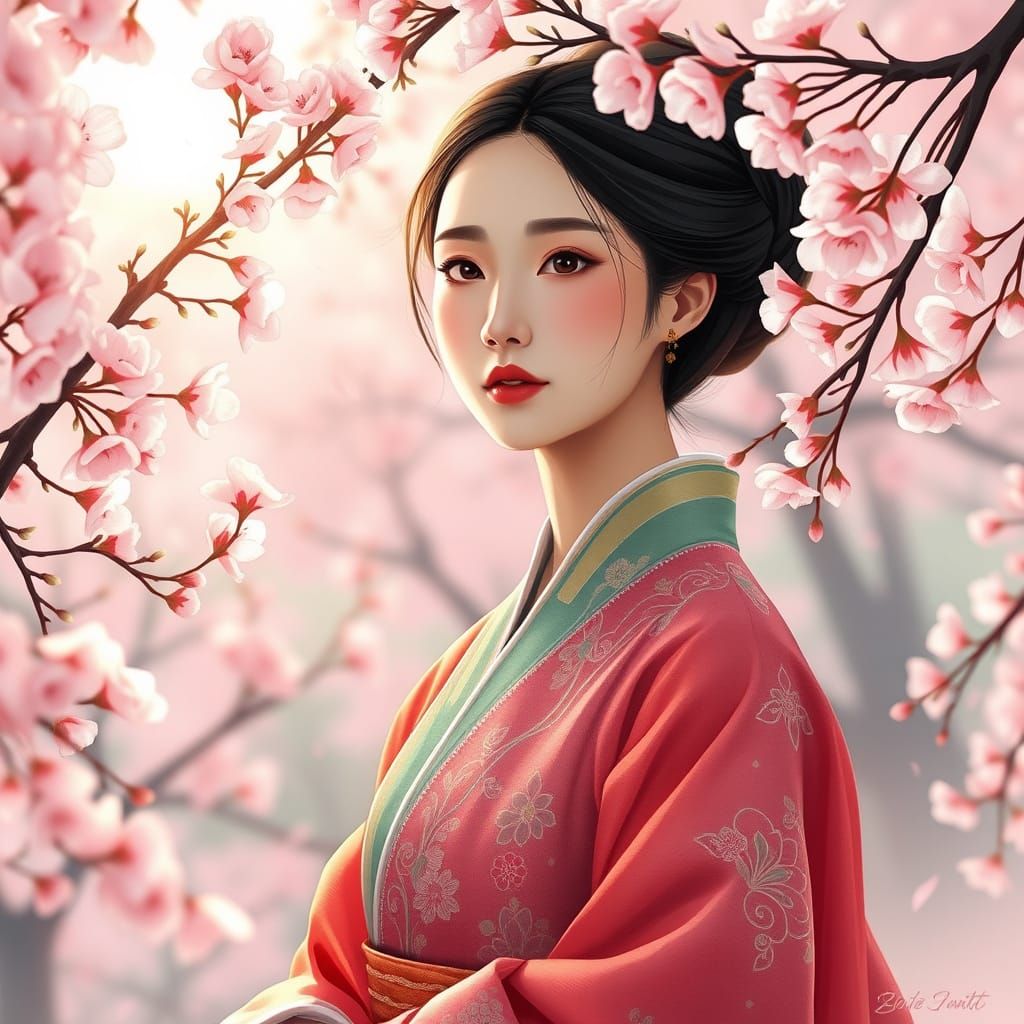 Serene Korean Woman in Vibrant Hanbok amidst Cherry Blossoms