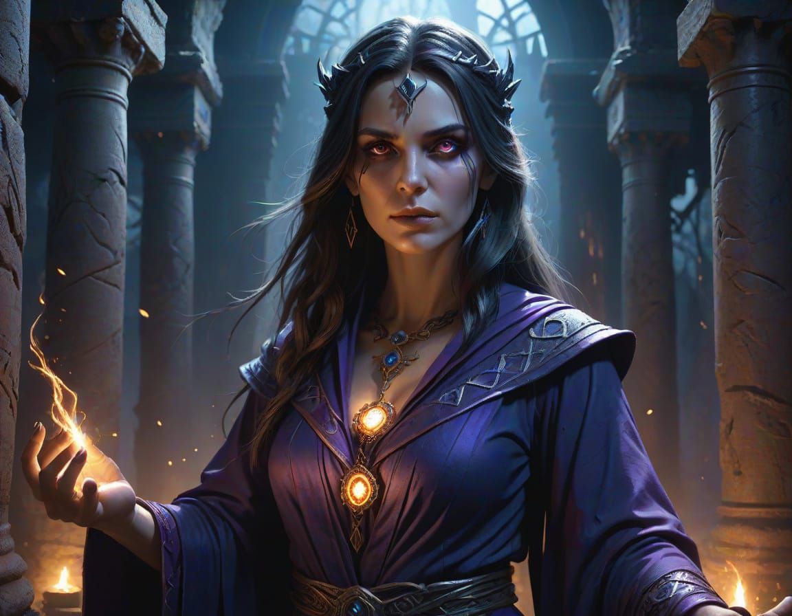 Mysterious Sorceress Casting Spell in Dark Fantasy Style