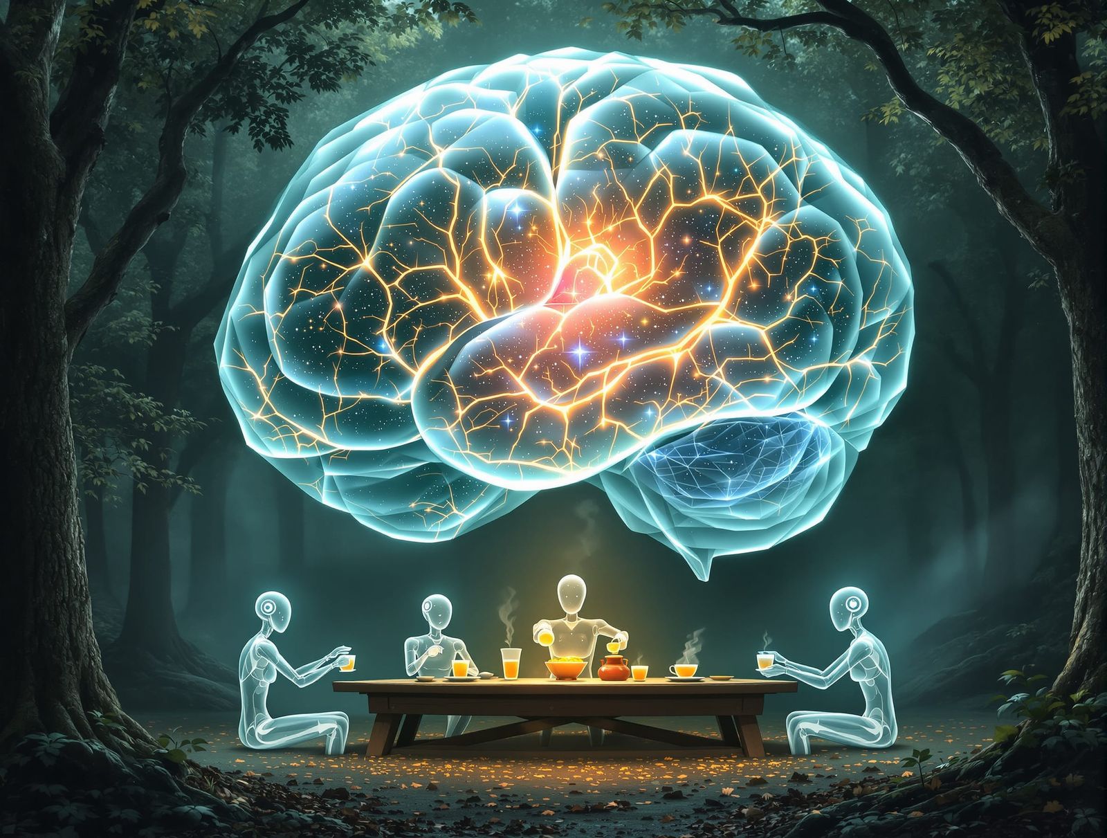 Giant Crystal Brain Hosts Tea Ceremony with Emojis